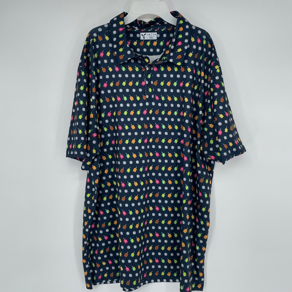 Yatta Golf Mens 2XL Pickleball Paddle Print Performance Polo Shirt Navy Blue